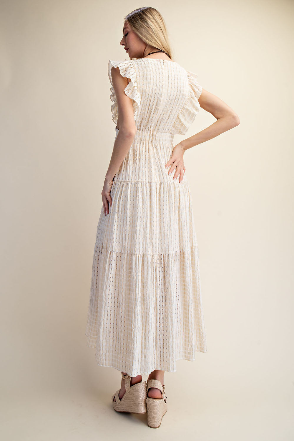 TEXTURED RUFFLE SLEEVE CUT-OUT MAXI DRESS - MATCHA