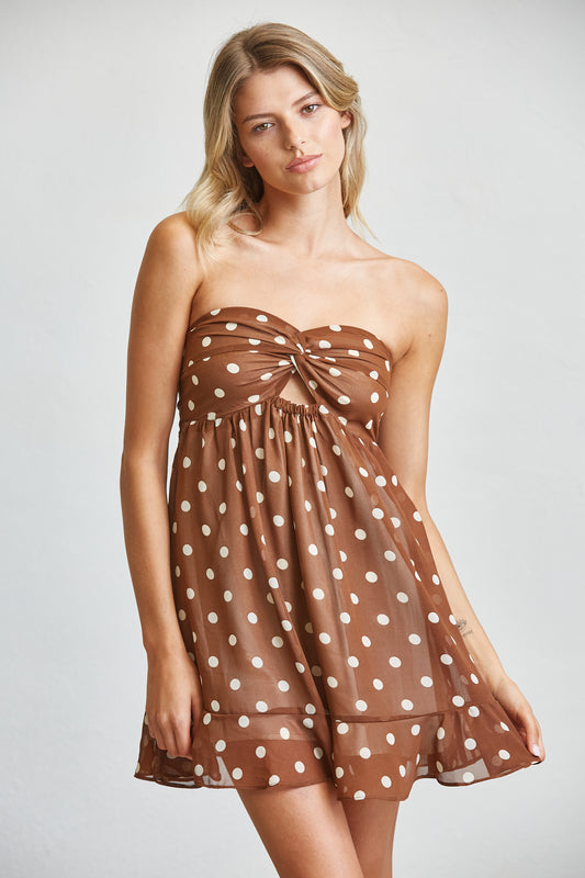 DOT PRINT STRAPLESS BABYDOLL MINI DRESS