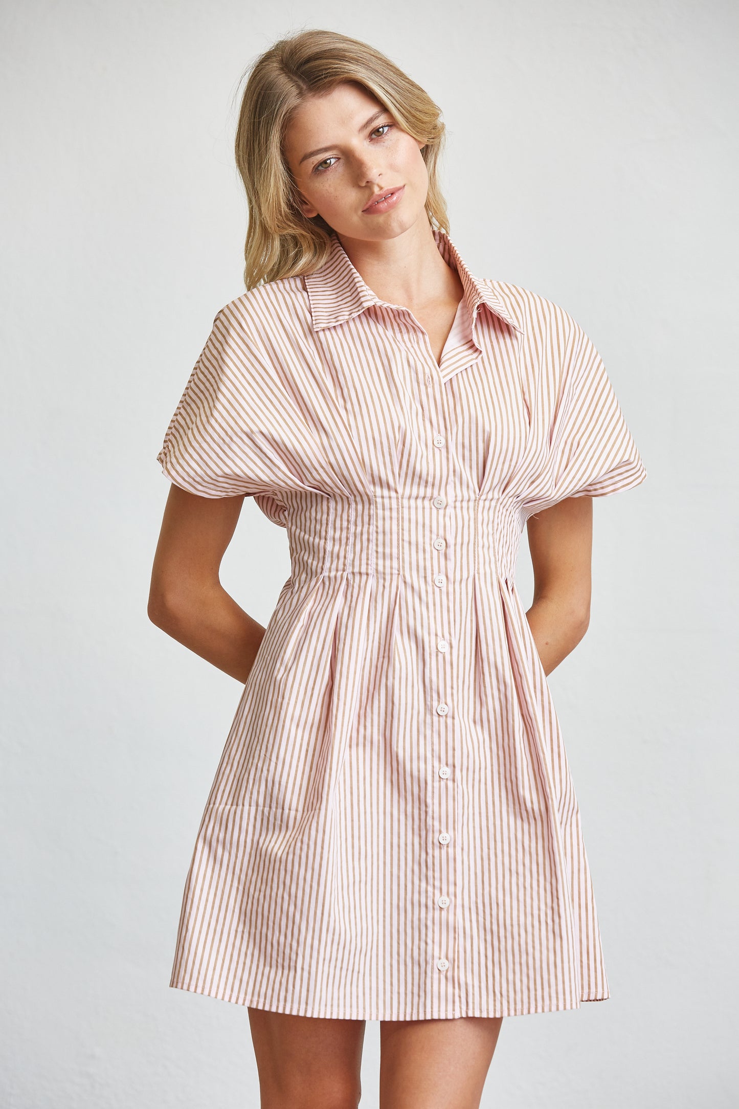 GINGHAM COTTON SHIRT SMOCKED MINI DRESS