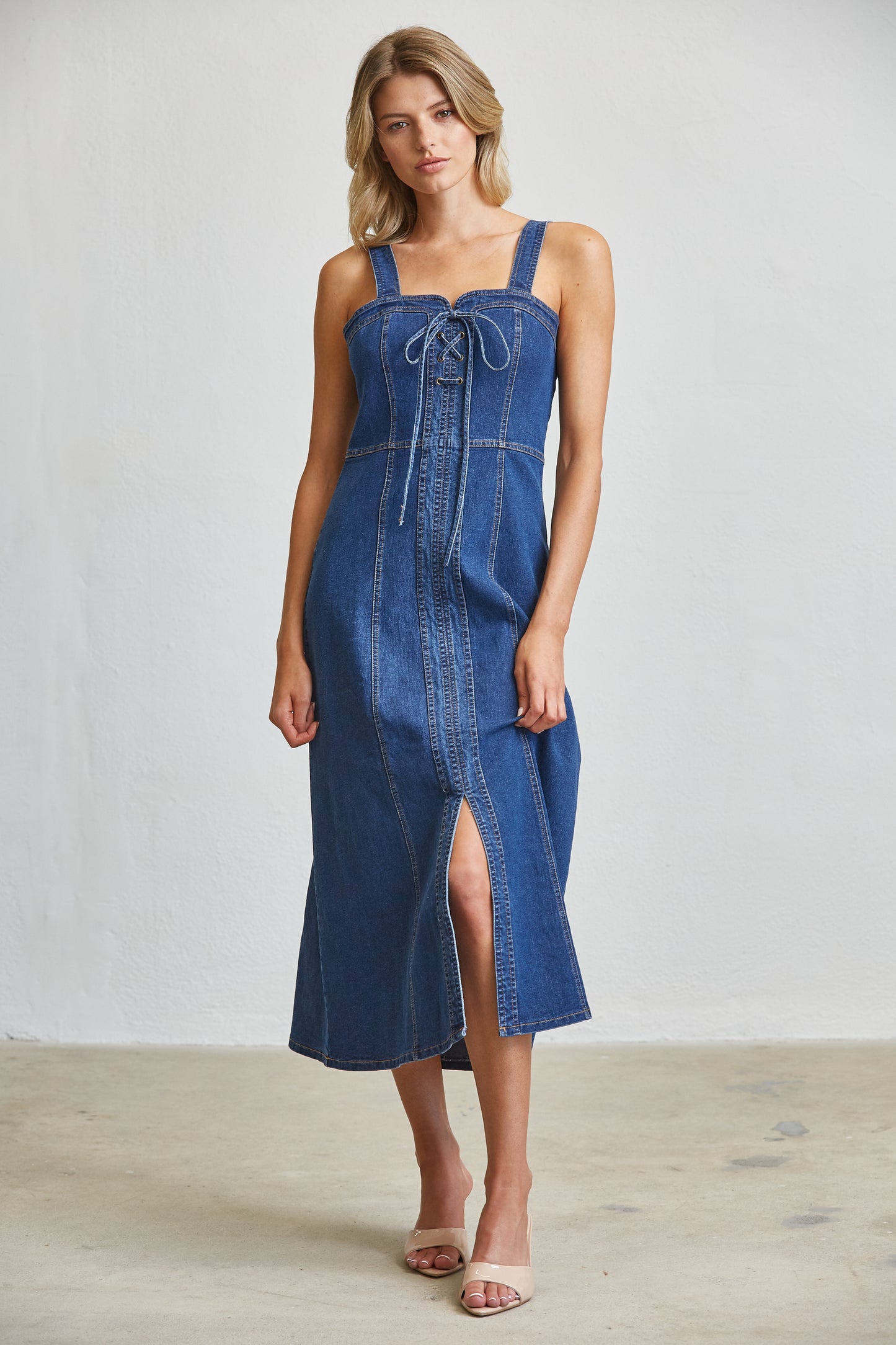 LACE UP CORSET DENIM MIDI DRESS