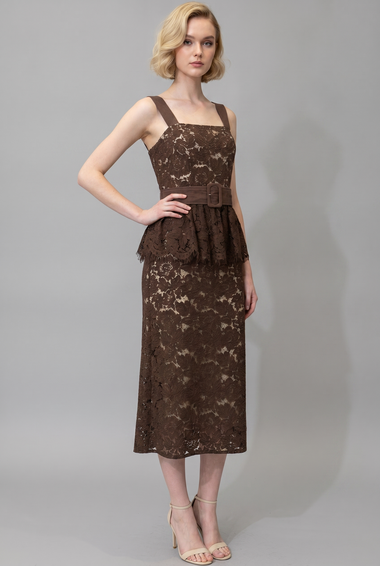 BELTED LACE PEPLUM MIDI DRESS