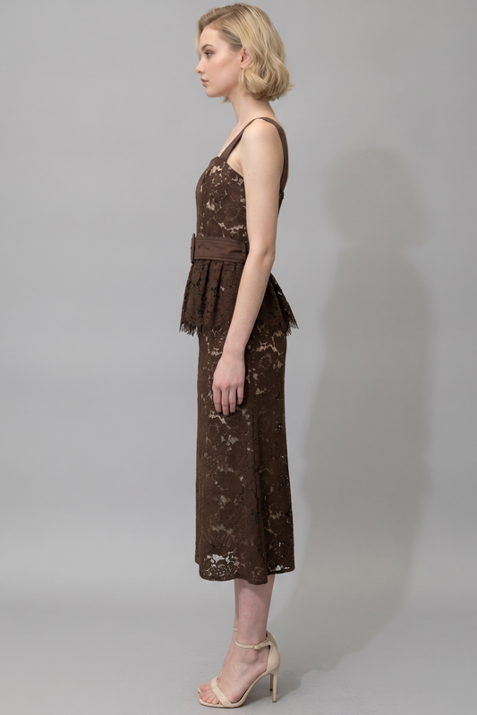 BELTED LACE PEPLUM MIDI DRESS