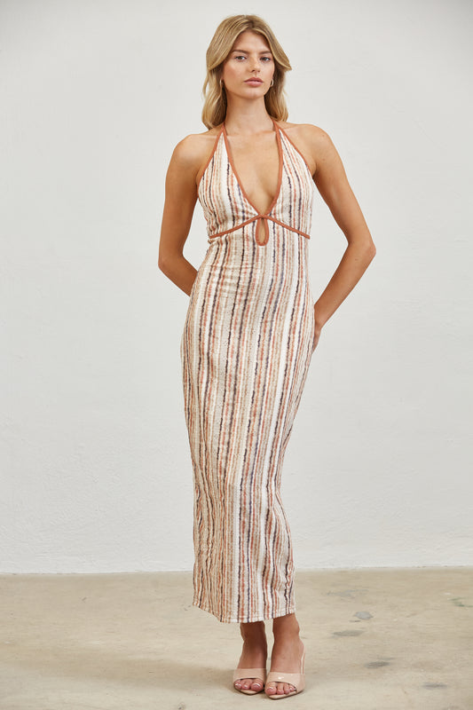 HALTER KEYHOLE TIE BACK MIDI DRESS - OLIVE