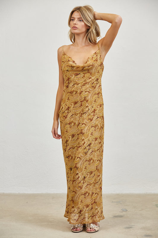 PAISLEY COWL NECK OPEN BACK SLIP MIDI DRESS