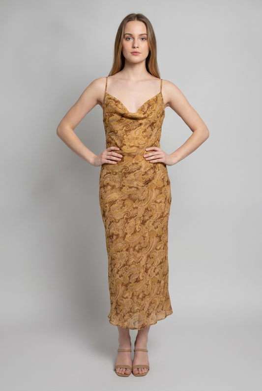 PAISLEY COWL NECK OPEN BACK SLIP MIDI DRESS
