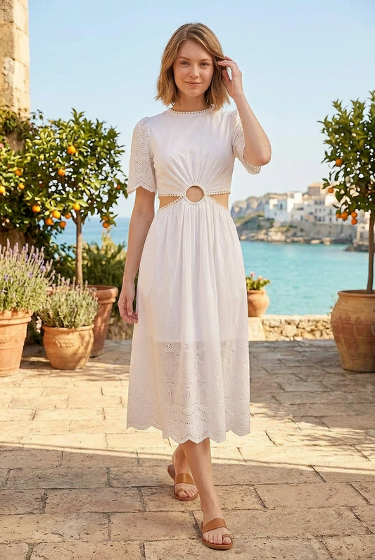 EYELET CUTOUT MIDI DRESS
