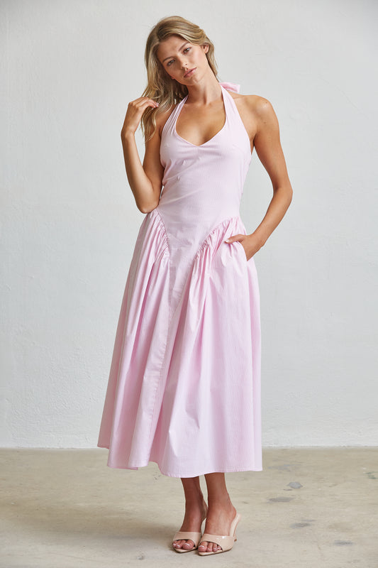 TULLE HALTER NECK MAXI DRESS WITH POCKETS