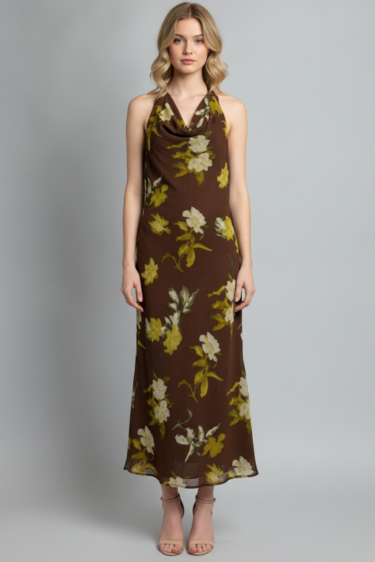 FLORAL COWL NECK HALTER MIDI DRESS