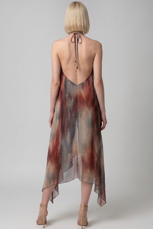 WATERCOLOR PRINT OPEN BACK HALTER MIDI DRESS
