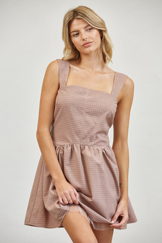 PLAID TULLE UNDERSKIRT MINI DRESS - MAUVE