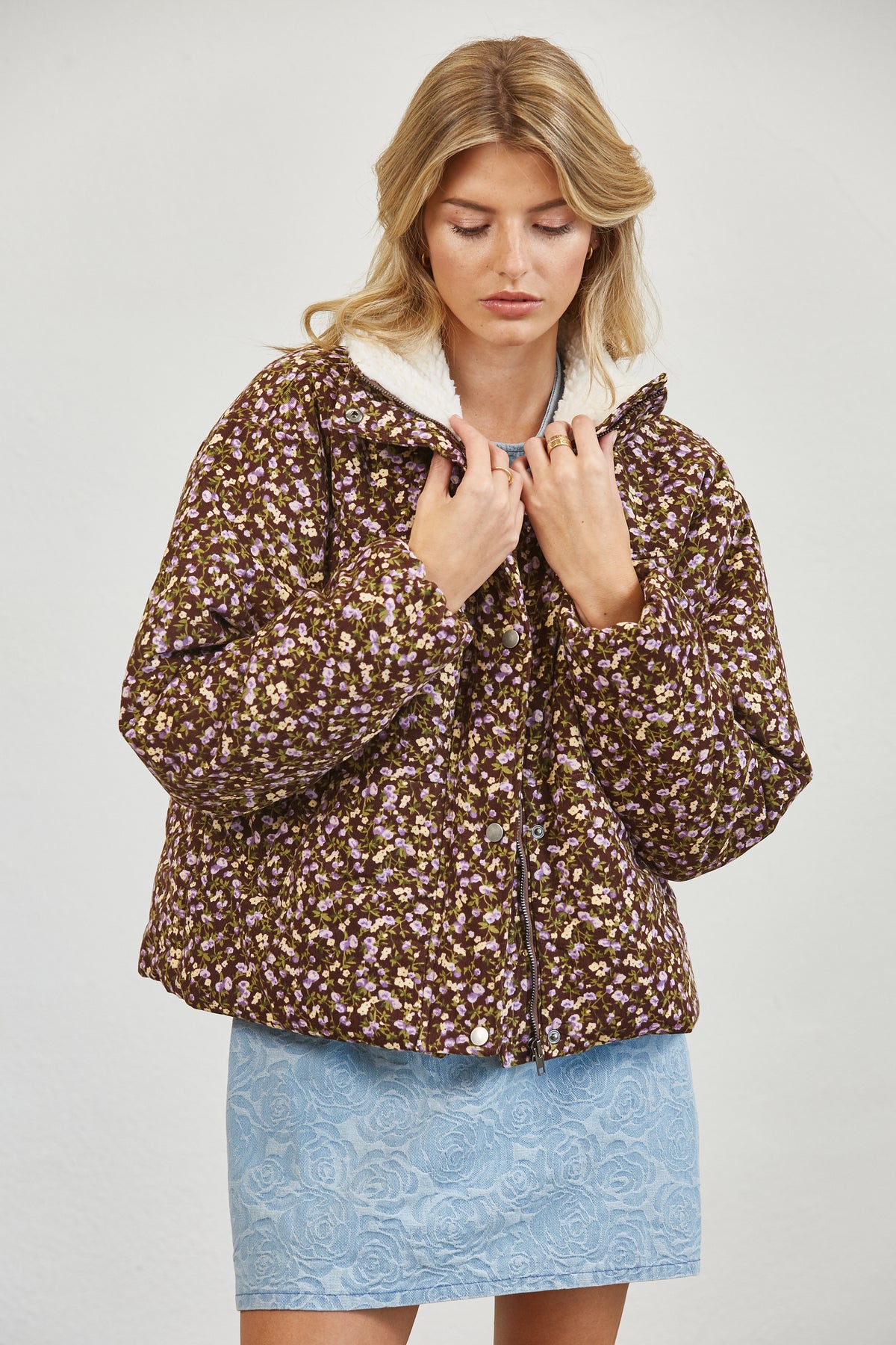 FLORAL SHERPA PUFFER JACKET - CREAM MULTI