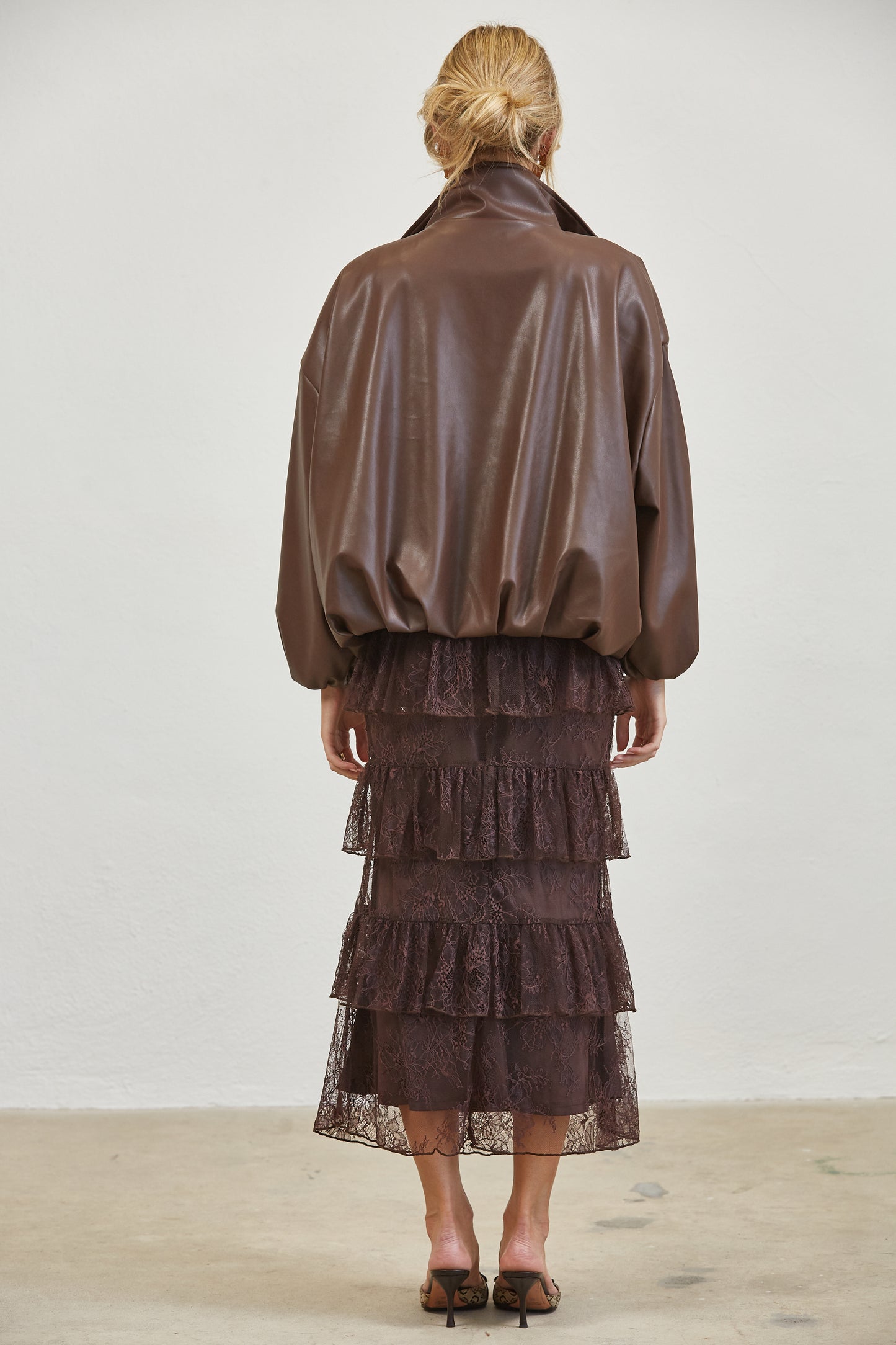 FUNNEL NECK FAUX LEATHER BOMBER JACKET