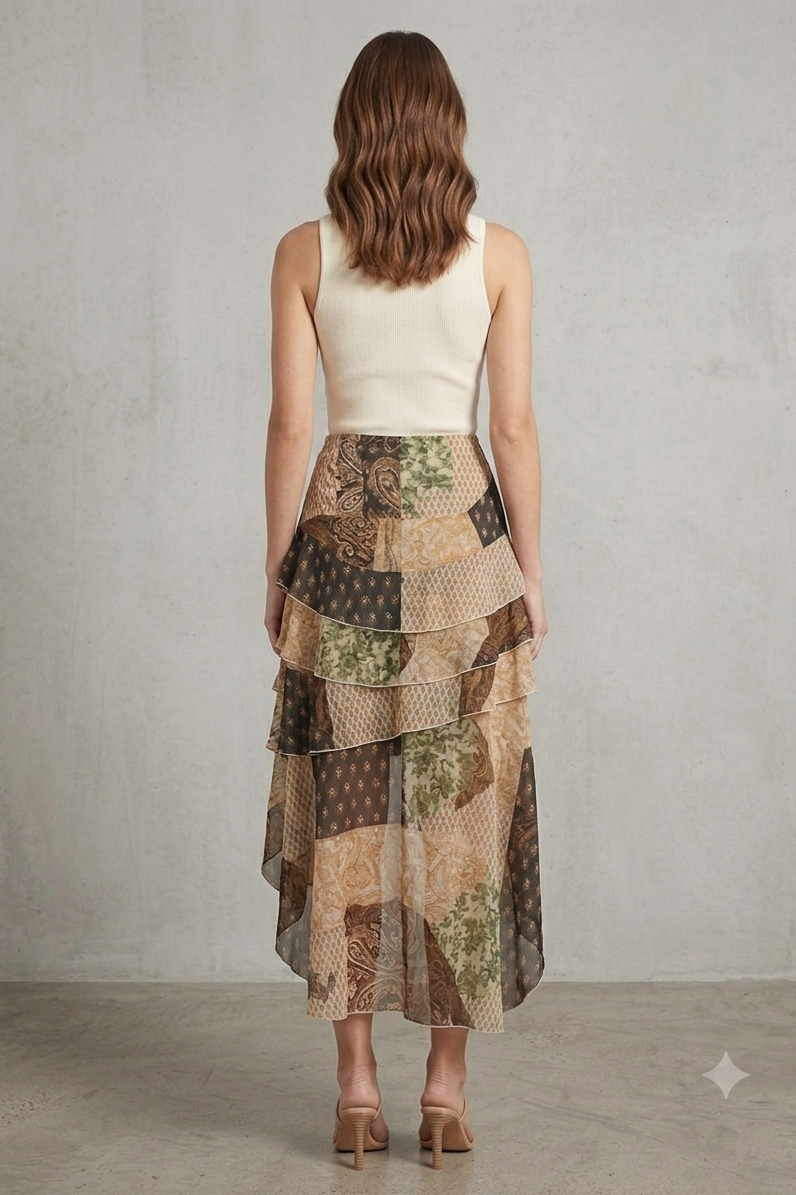 Patchwork Print Asymmetrical Tiered Midi Skirt