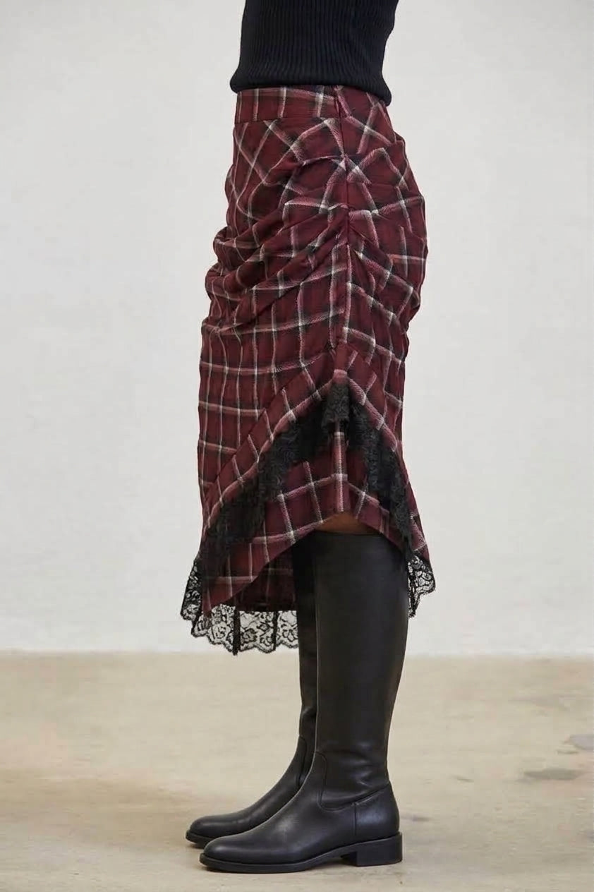 PLAID RUCHED LACE TRIM ASYMMETRICAL MIDI SKIRT