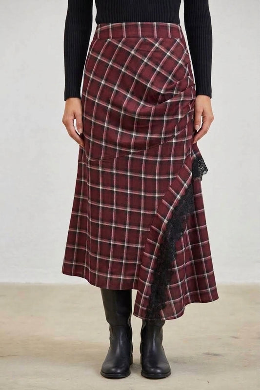 PLAID RUCHED LACE TRIM ASYMMETRICAL MIDI SKIRT