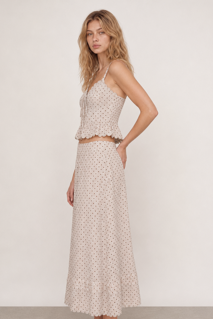 Polka Dot Linen Scallop-Trim Peplum Top & Maxi Skirt Set