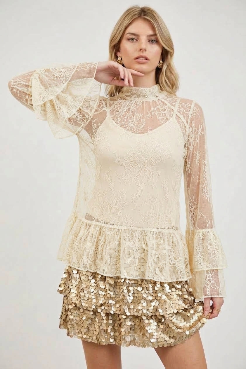 SHEER LACE BELL SLEEVE SEQUIN RUFFLE BLOUSE TOP