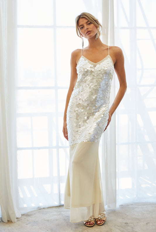 SEQUIN CHIFFON MERMAID MAXI DRESS