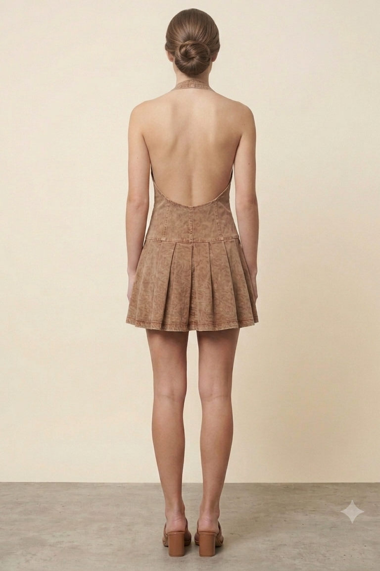 VINTAGE WASH HALTER PLEATED MINI DRESS