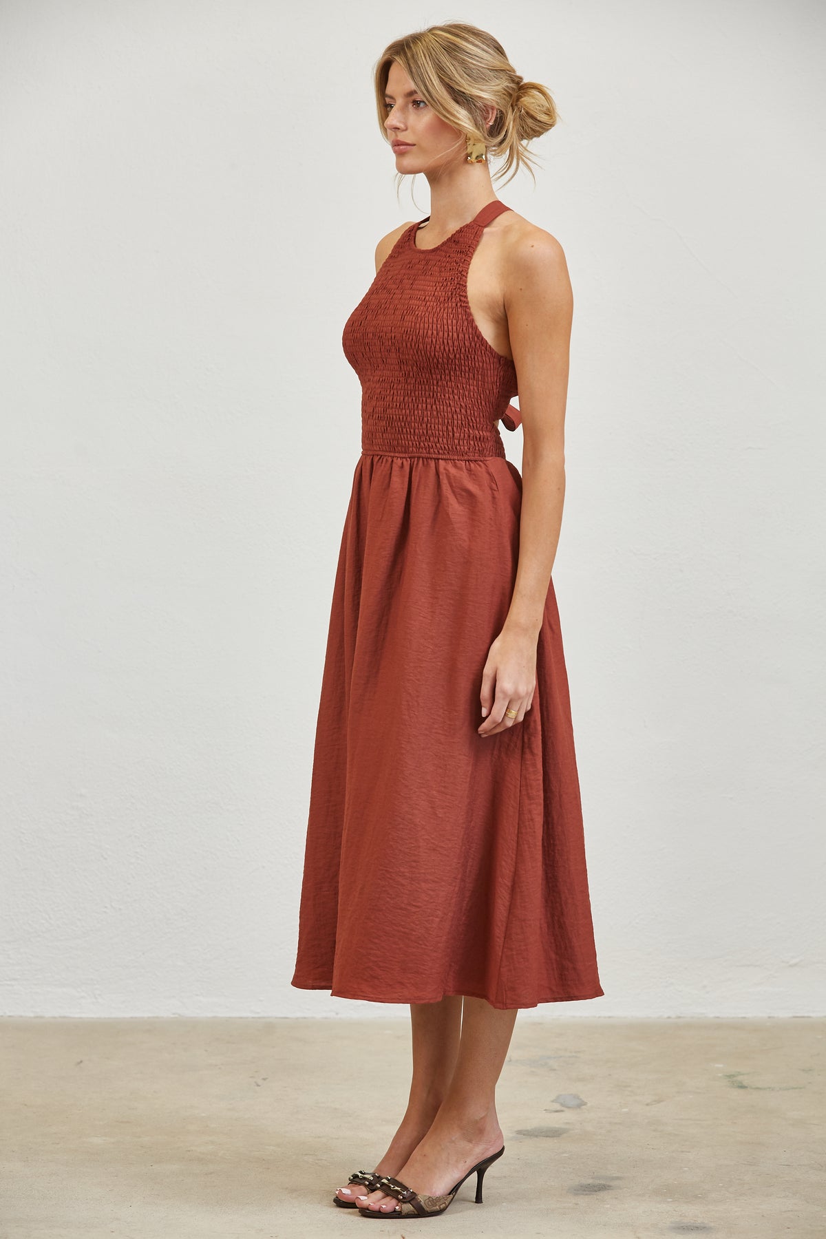 SMOCKED TOP SIDE POCKETS MIDI DRESS - STEEL BLUE