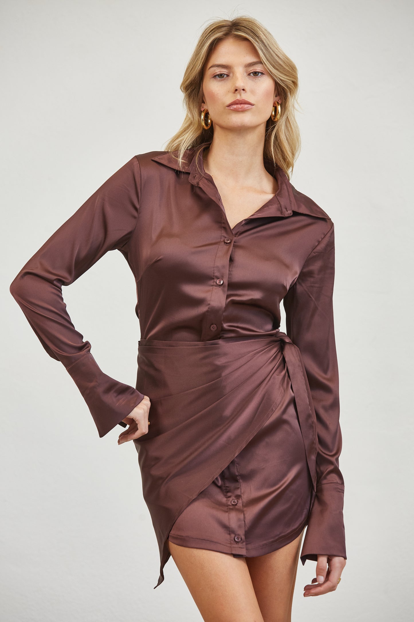 SATIN WRAP TIE SHIRT MINI DRESS