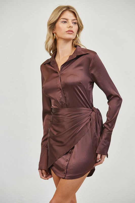 SATIN WRAP TIE SHIRT MINI DRESS - BLACKROSE