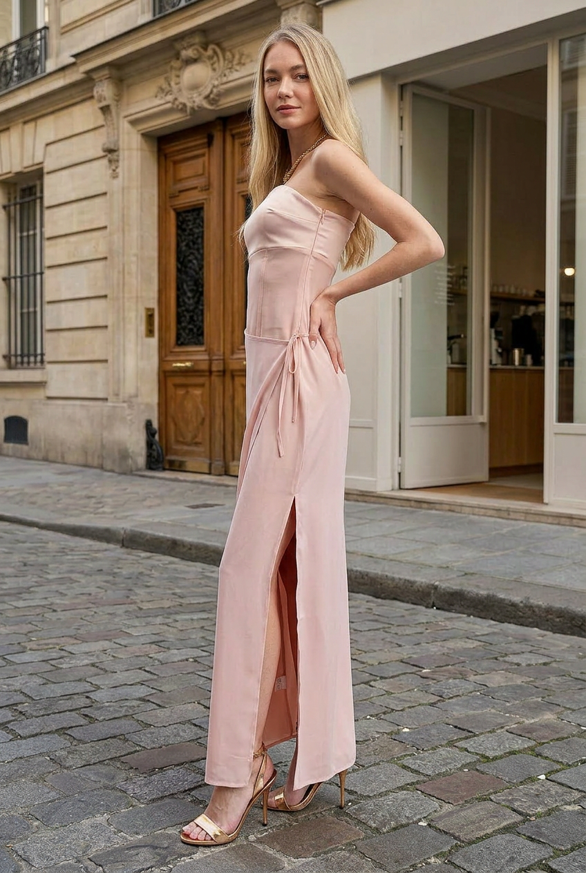 BLUSH SATIN STRAPLESS WRAP MAXI DRESS