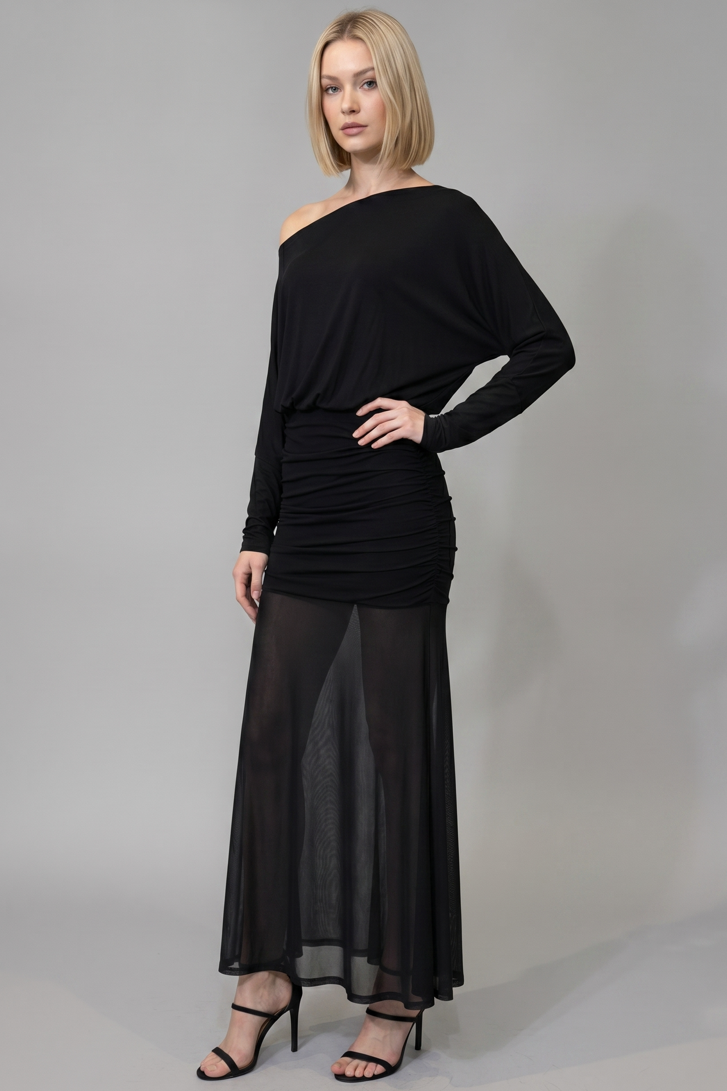 RUCHED ONE SHOULDER MESH MAXI DRESS