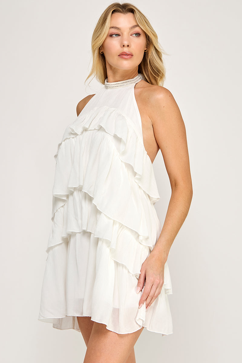 EMBELLISHED HALTER NECK TIERED MINI DRESS