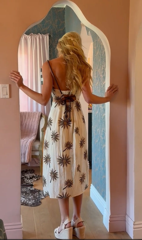 PALM EMBROIDERY SIDE CUTOUT MIDI DRESS