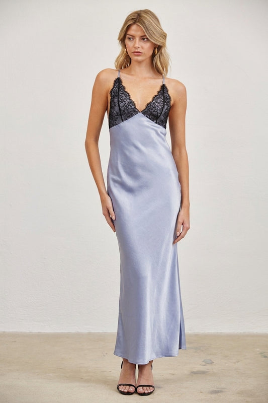 LACE BODICE SATIN SLIP DRESS - CHAMPAGNE