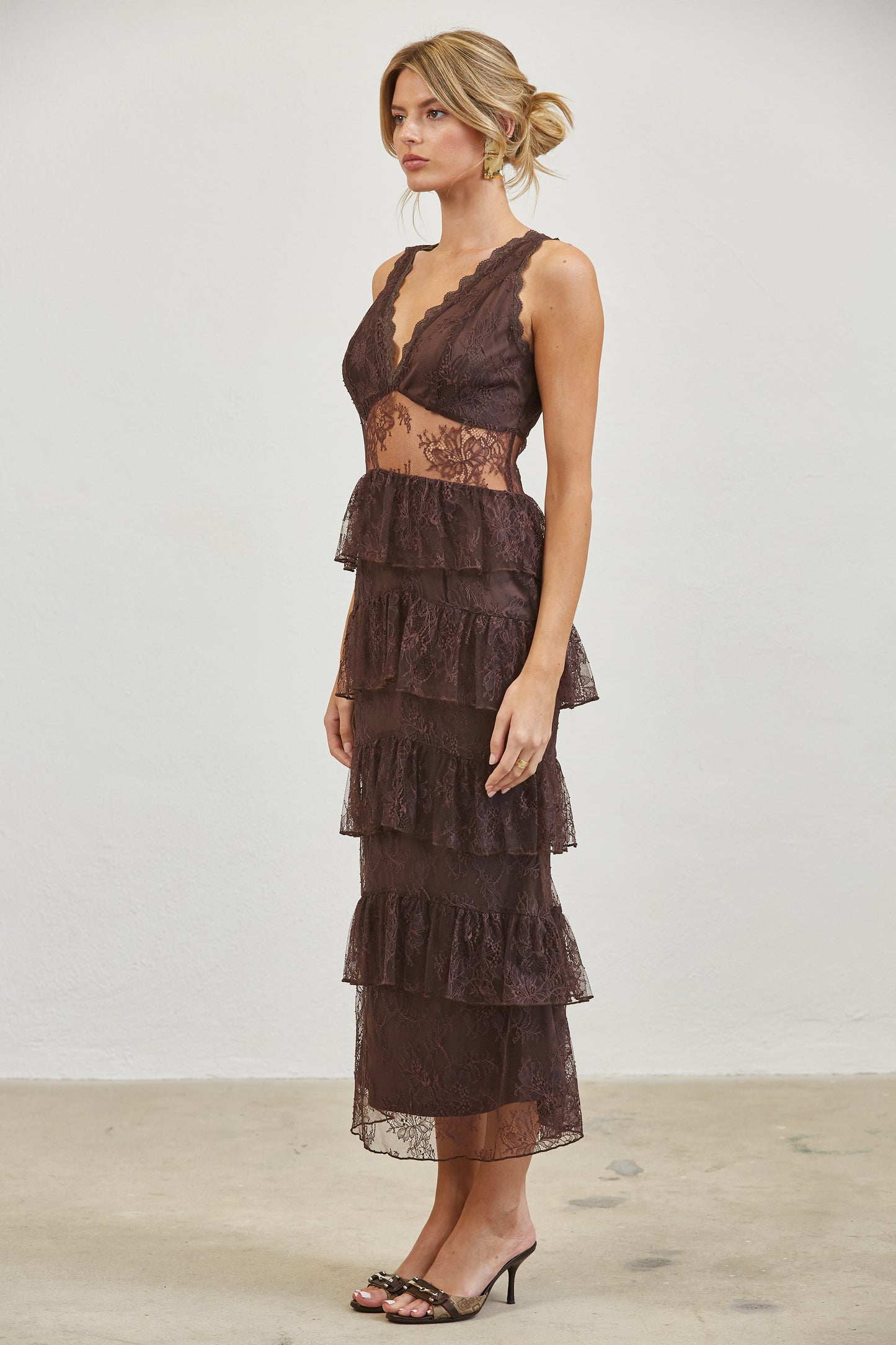 MIDNIGHT ROMANCE LACE TIERED MIDI DRESS - BLACK