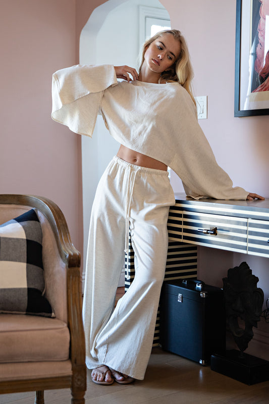 LINEN DOLMAN SLEEVE TOP AND WIDE LEG PANTS SET