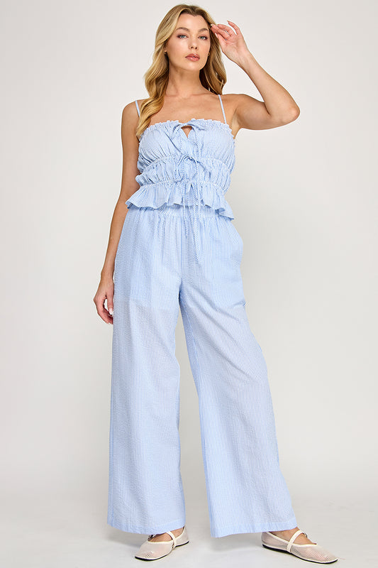 SEERSUCKER TANK TOP AND WIDE-LEG PANTS SET
