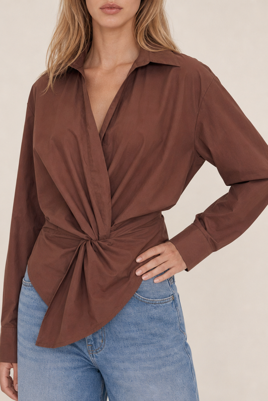 TWISTED WAIST ASYMMETRICAL BUTTON DOWN SHIRT TOP