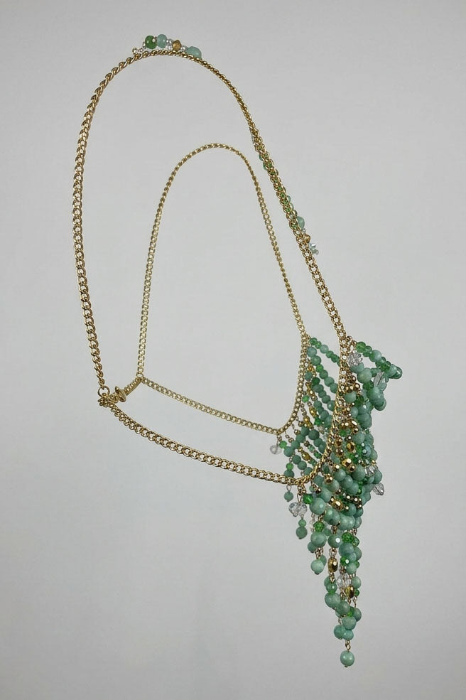 EMERALD BEADED CHAIN FRINGE HALTER TOP