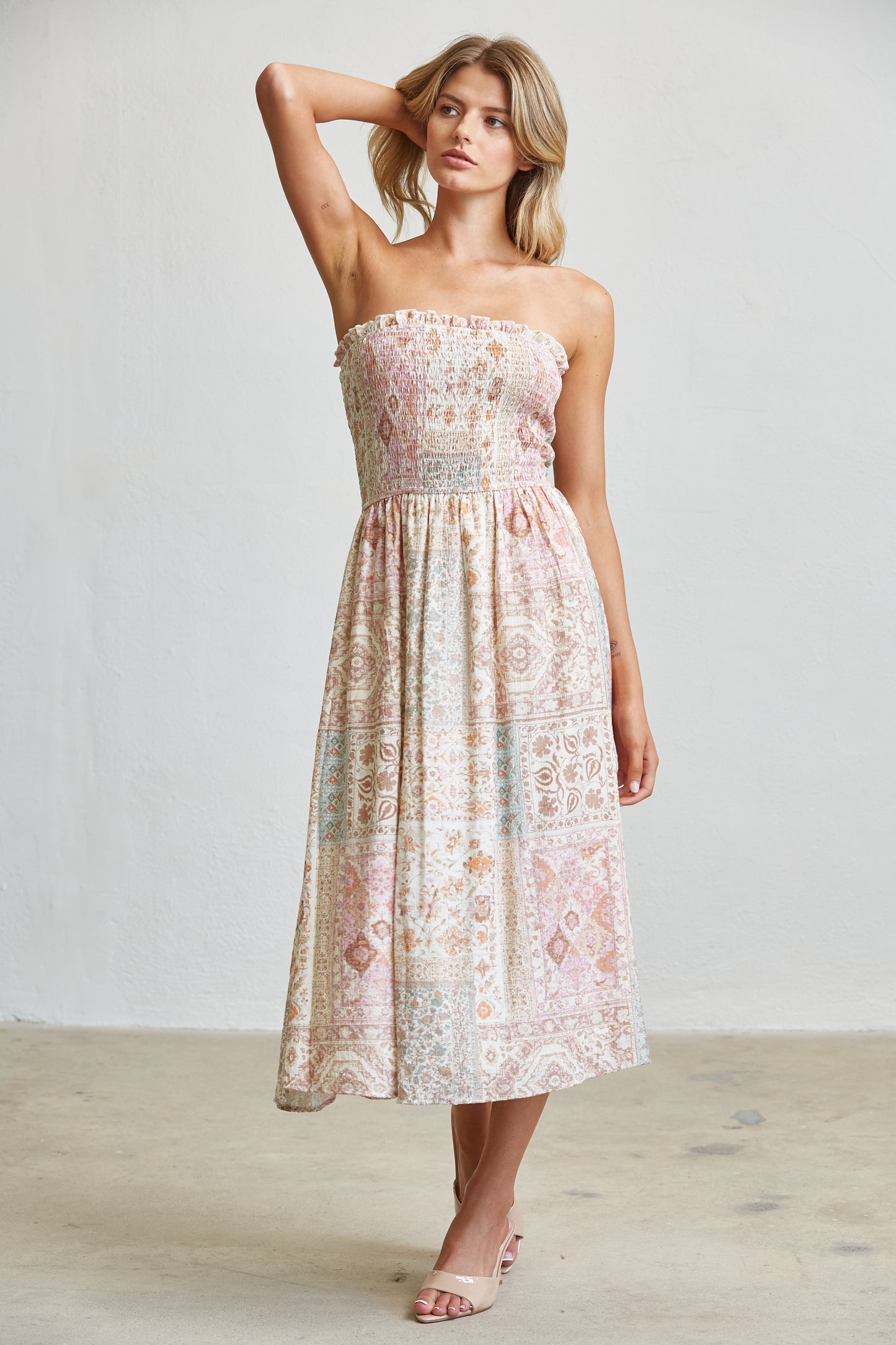 PATCHWORK SMOCKED MIDI DRESS