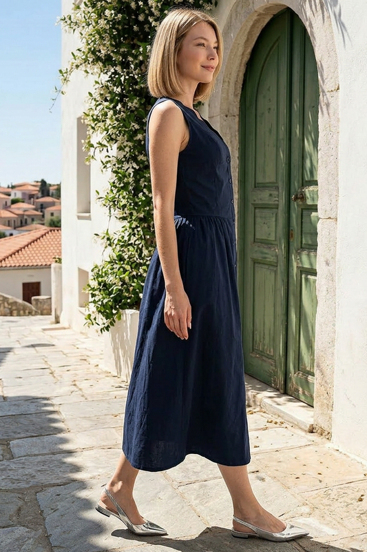 SCALLOP NECK SLEEVELESS MIDI DRESS - MIDNIGHT NAVY