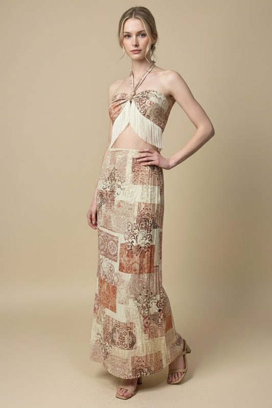 FRINGE HEM TOP + MAXI SKIRT PRINTED SET