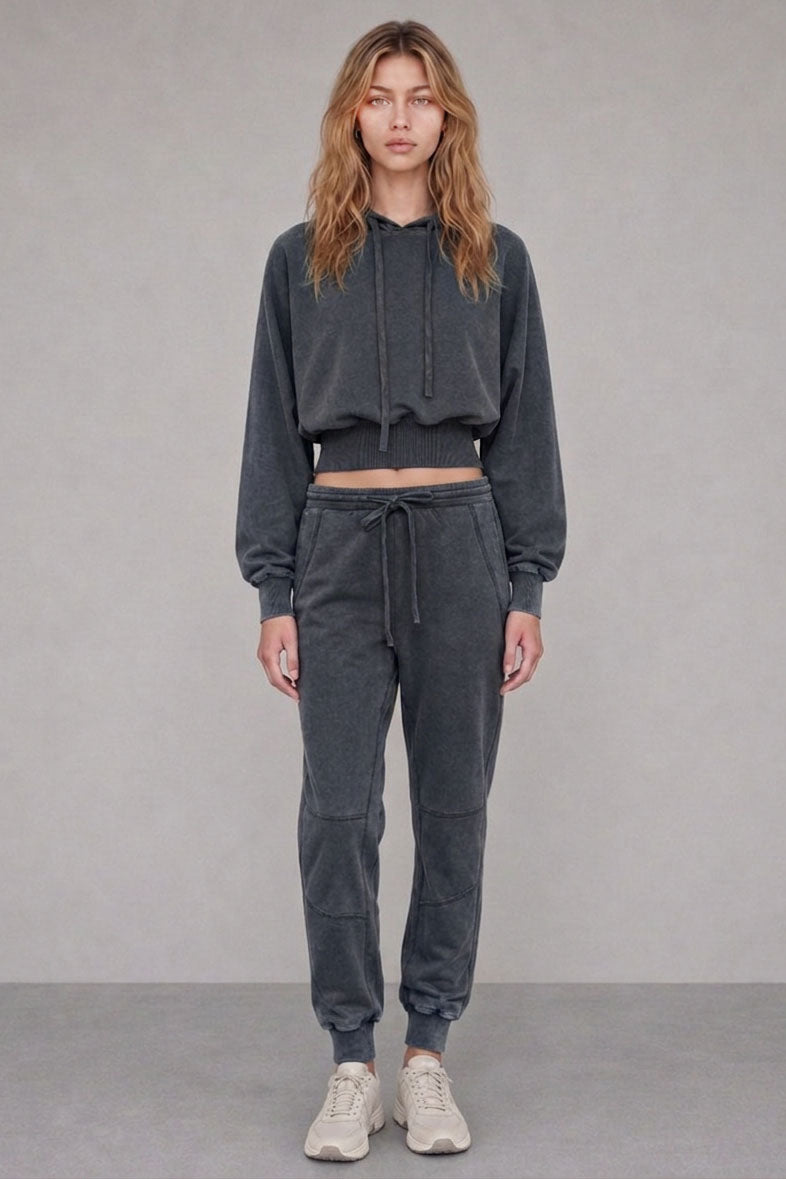 VINTAGE WASH CROPPED HOODIE & JOGGER PANTS SET - BROWN