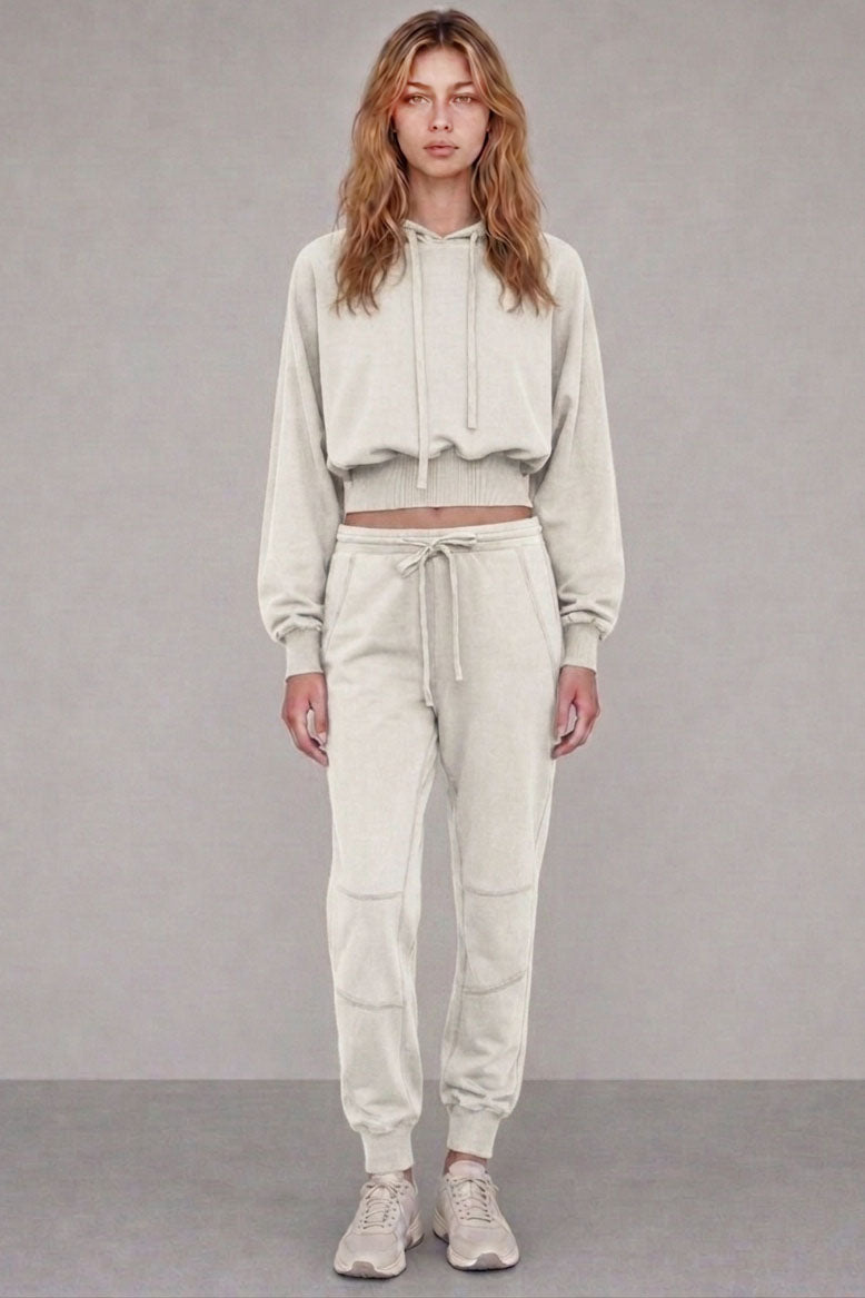 VINTAGE WASH CROPPED HOODIE & JOGGER PANTS SET - BROWN