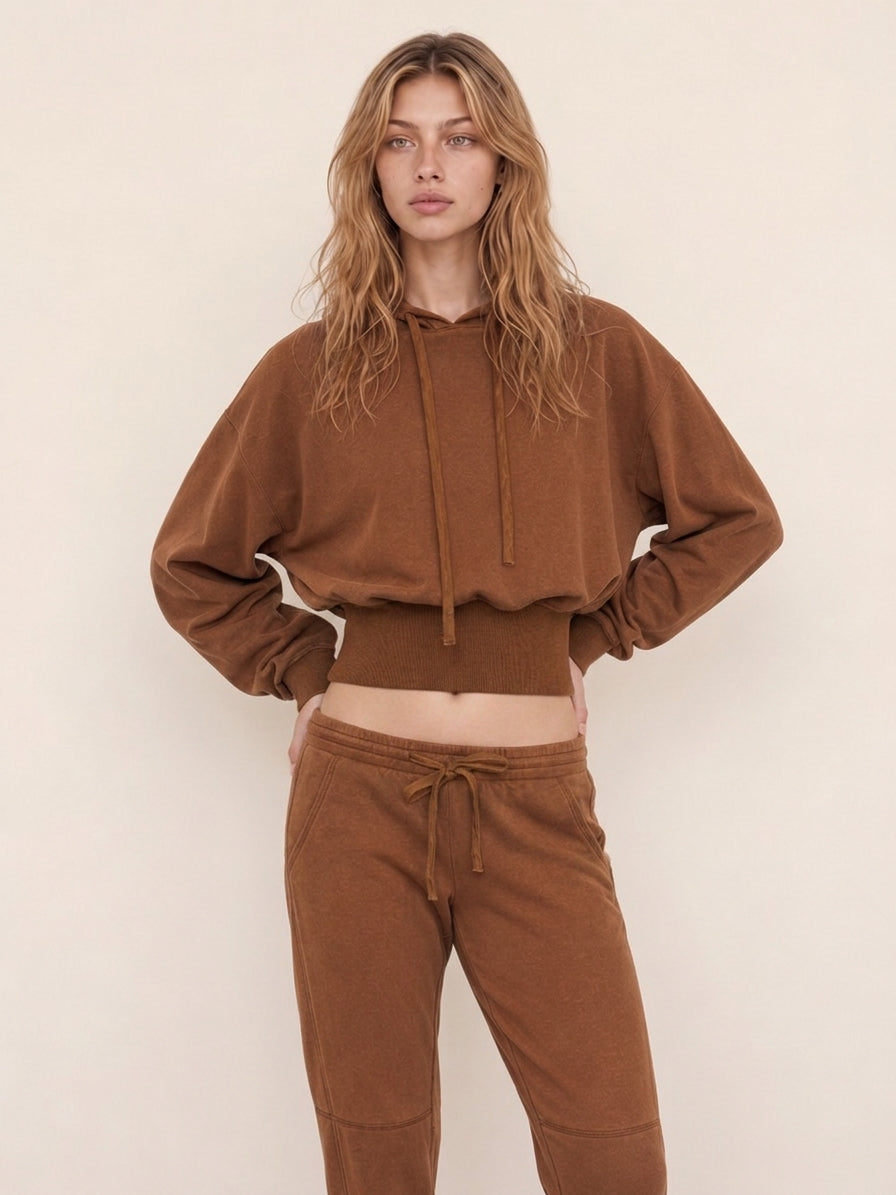 VINTAGE WASH CROPPED HOODIE & JOGGER PANTS SET - BROWN