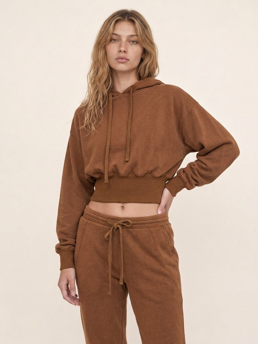 VINTAGE WASH CROPPED HOODIE & JOGGER PANTS SET - BROWN
