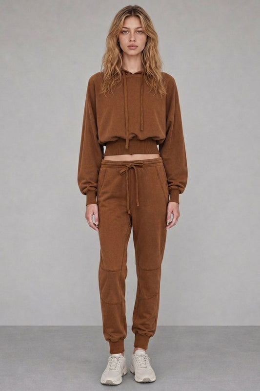 VINTAGE WASH CROPPED HOODIE & JOGGER PANTS SET - BROWN