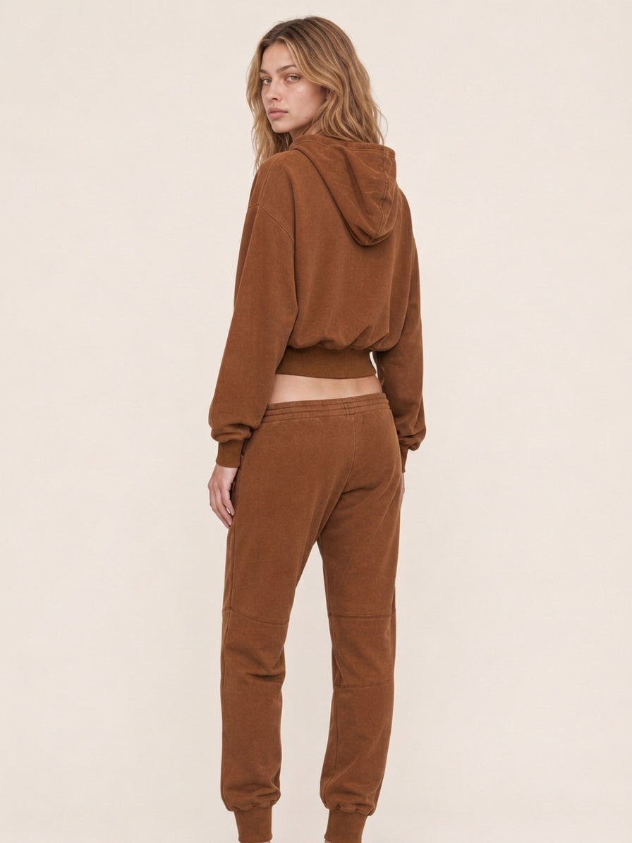 VINTAGE WASH CROPPED HOODIE & JOGGER PANTS SET - BROWN
