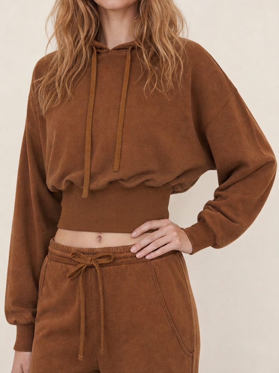 VINTAGE WASH CROPPED HOODIE & JOGGER PANTS SET - BROWN
