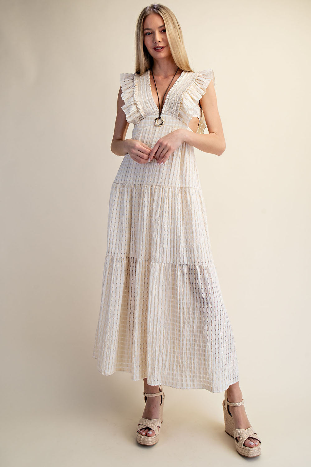 TEXTURED RUFFLE SLEEVE CUT-OUT MAXI DRESS - MATCHA