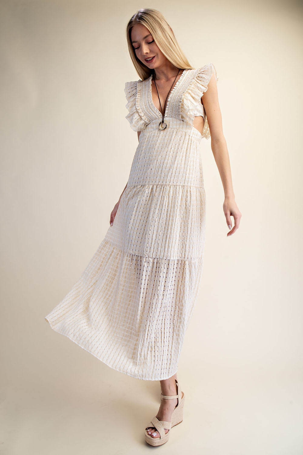 TEXTURED RUFFLE SLEEVE CUT-OUT MAXI DRESS - MATCHA