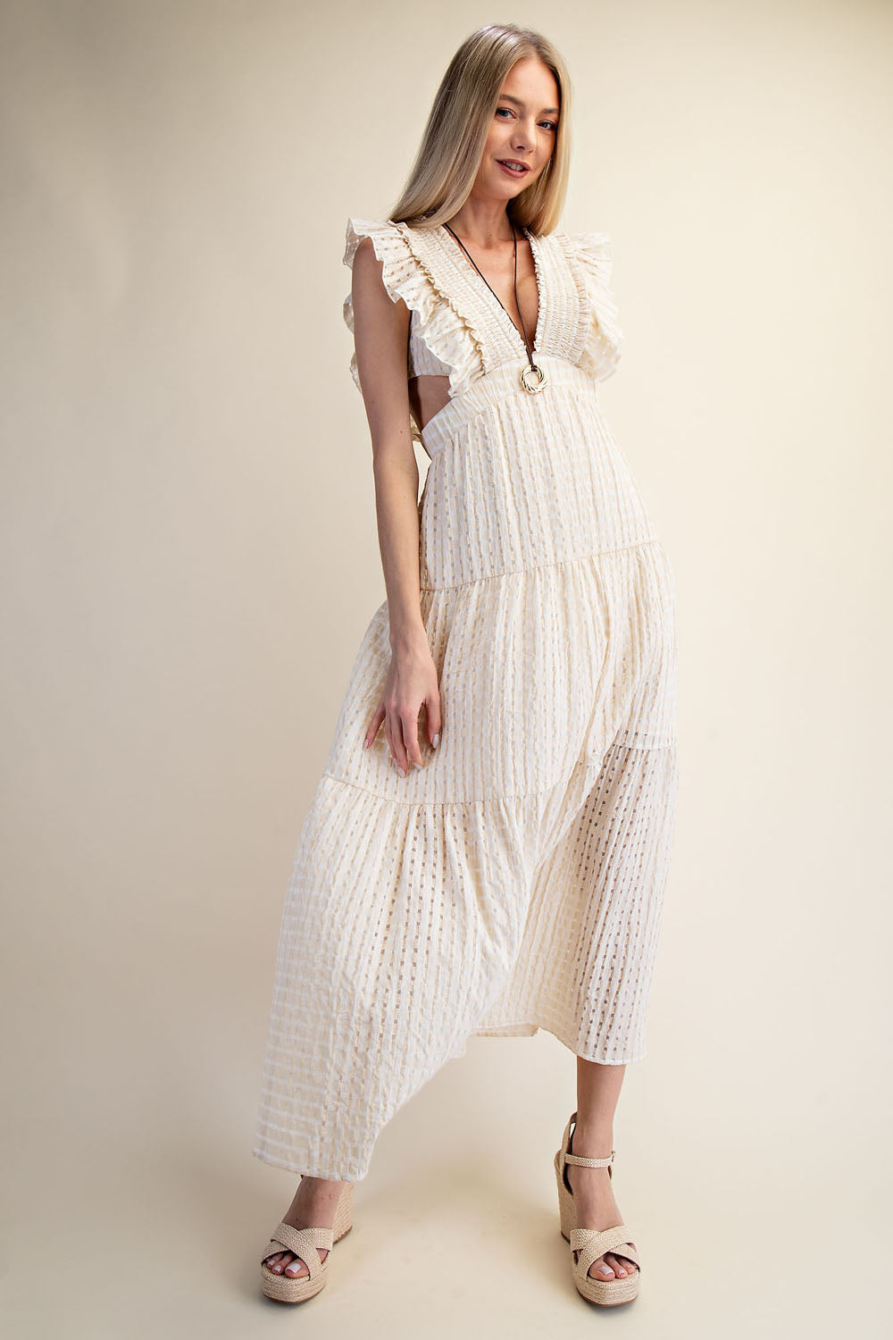 TEXTURED RUFFLE SLEEVE CUT-OUT MAXI DRESS - MATCHA