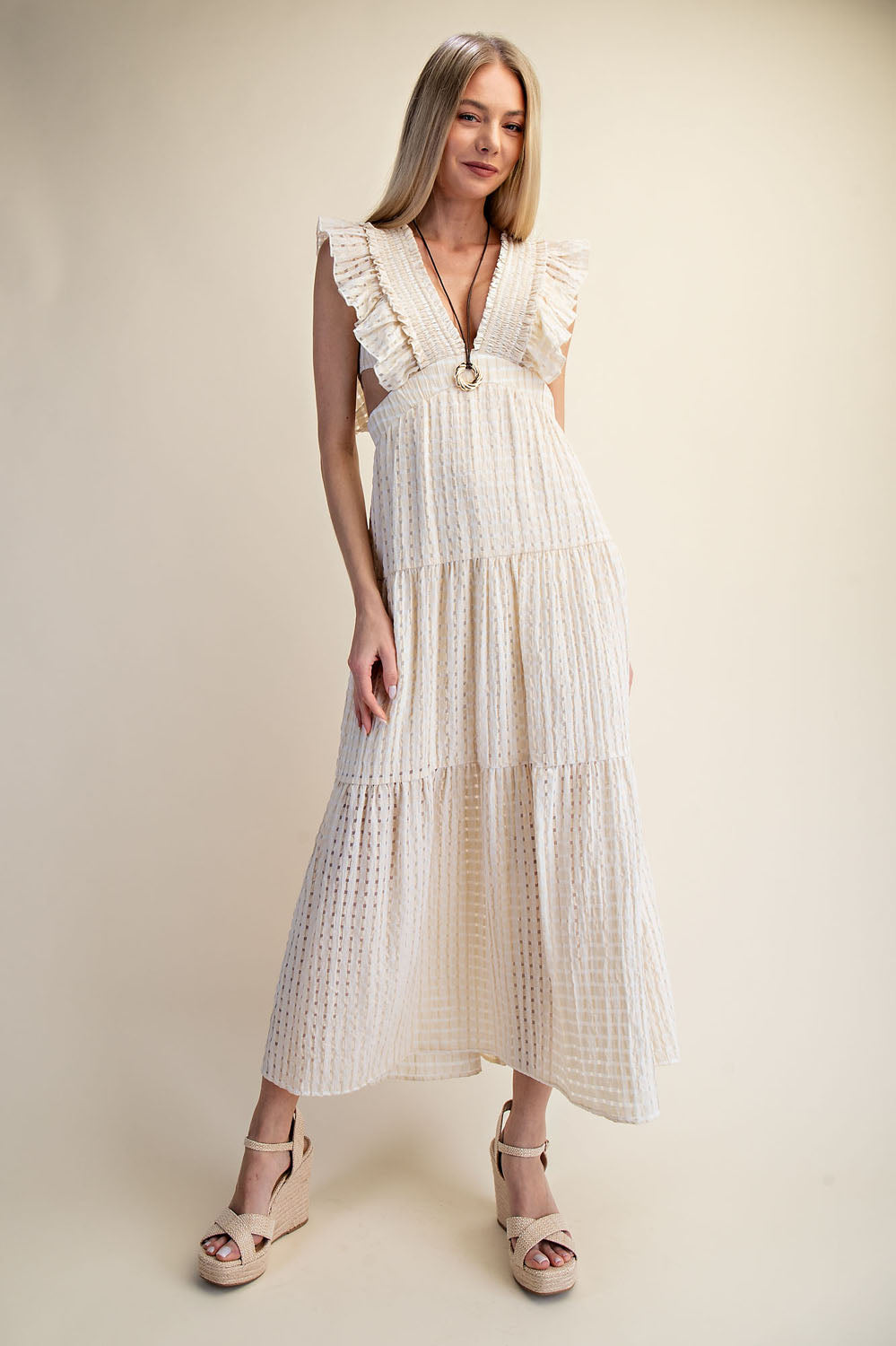TEXTURED RUFFLE SLEEVE CUT-OUT MAXI DRESS - MATCHA